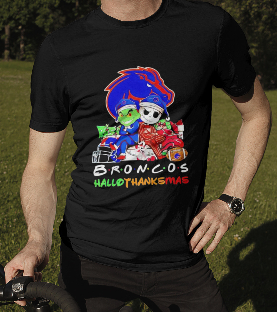 Broncos HalloThanksMas Grinch And Jack Skellington Friends T-Shirt