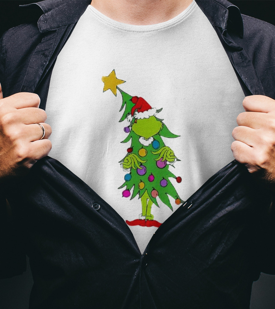 Grinch Christmas Tree Costume With Star And Ornaments T-Shirt