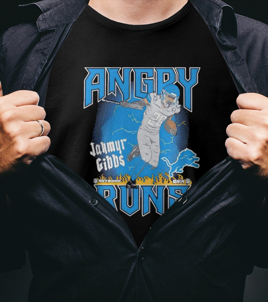 Jahmyr Gibbs Angry Runs Detroit Football Flames And Lion T-Shirt