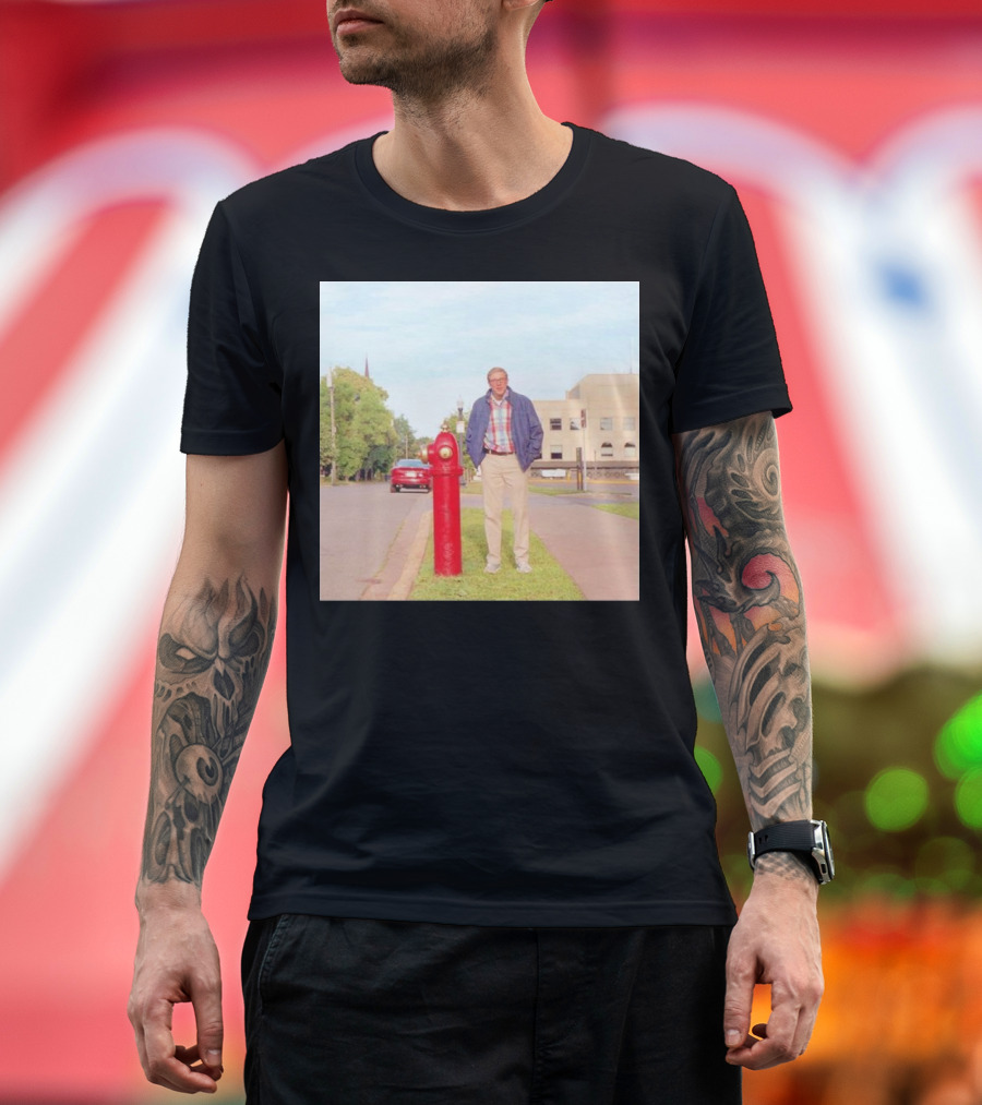 Joe Pera Next to Red Fire Hydrant on Street with Red Car in Background T-Shirt