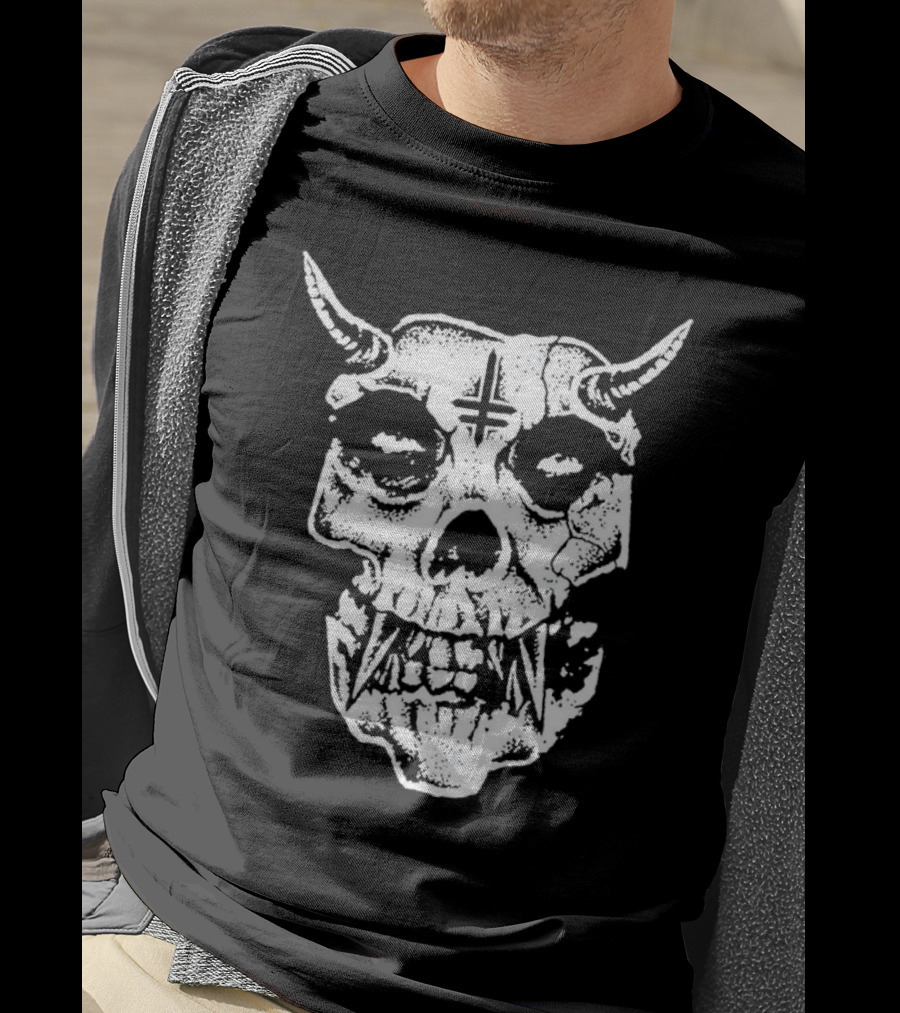 Twitching Tongues Twitchfits Sketched Skull With Horns And Inverted Cross T-Shirt