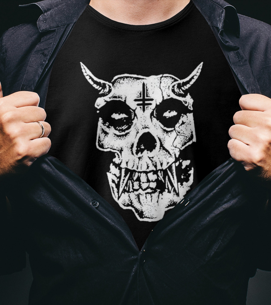 Twitching Tongues Twitchfits Sketched Skull With Horns And Inverted Cross T-Shirt