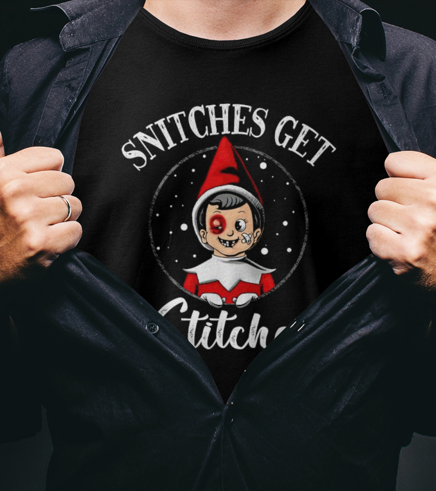 SNITCHES GET STITCHES Elf Red Hat Black Eye Snowflakes T-Shirt