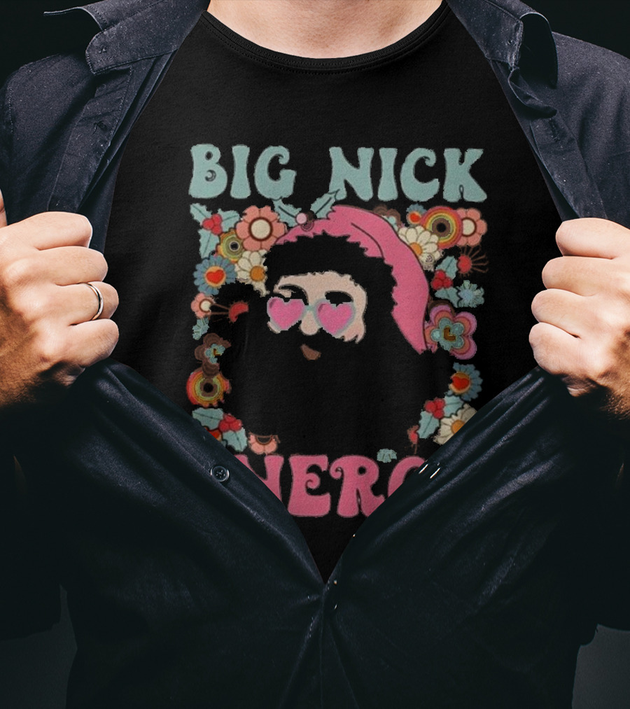 Big Nick Energy Merry Christmas Party Funny Santa With Flowers And Heart Sunglasses T-Shirt