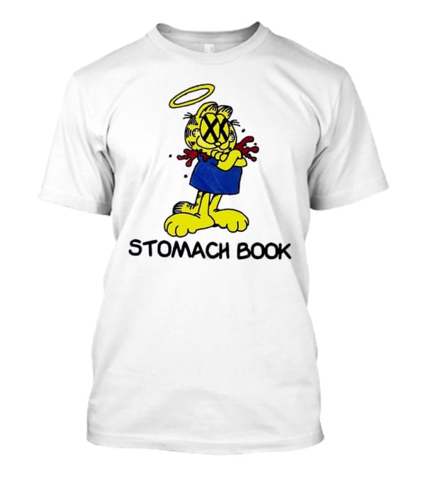 Garfield Stomach Book Angel Halo Yellow X Eyes Blue Red Blood T-Shirt