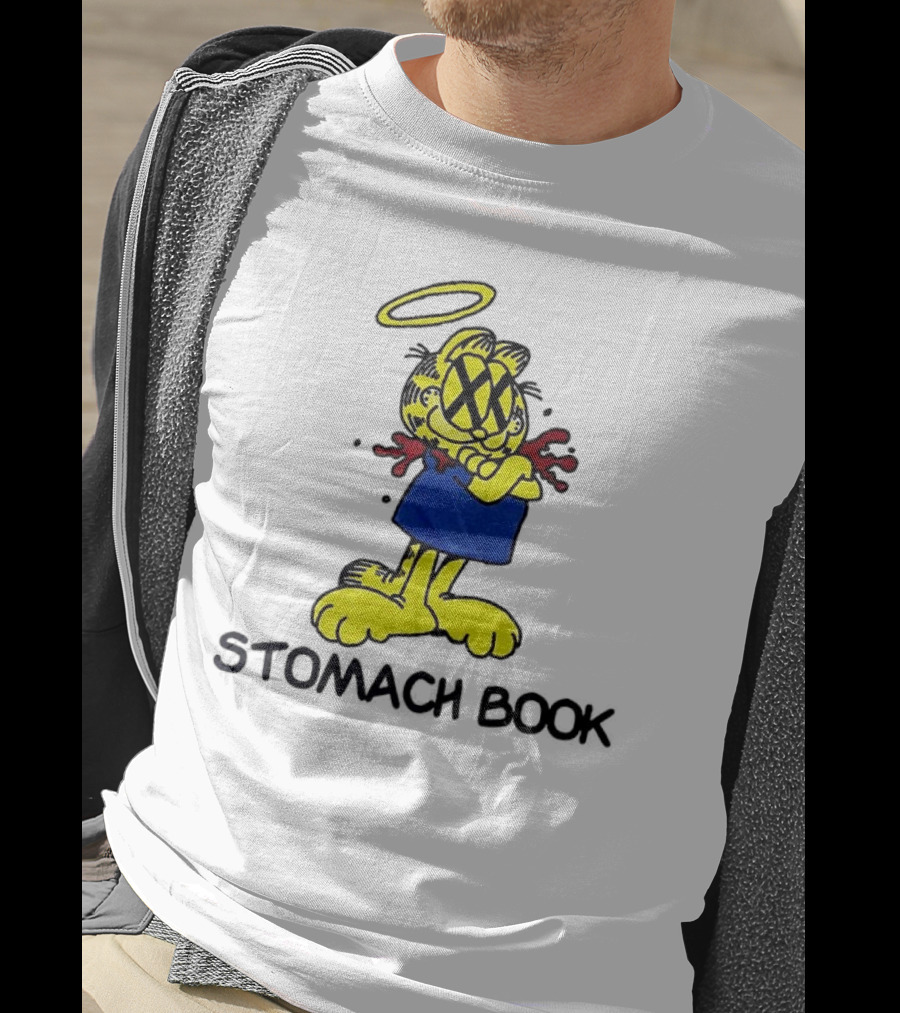 Garfield Stomach Book Angel Halo Yellow X Eyes Blue Red Blood T-Shirt