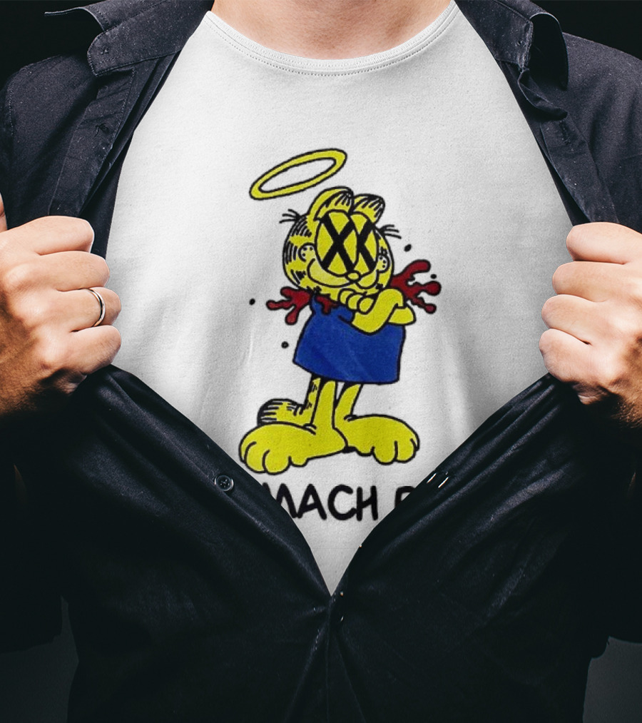 Garfield Stomach Book Angel Halo Yellow X Eyes Blue Red Blood T-Shirt