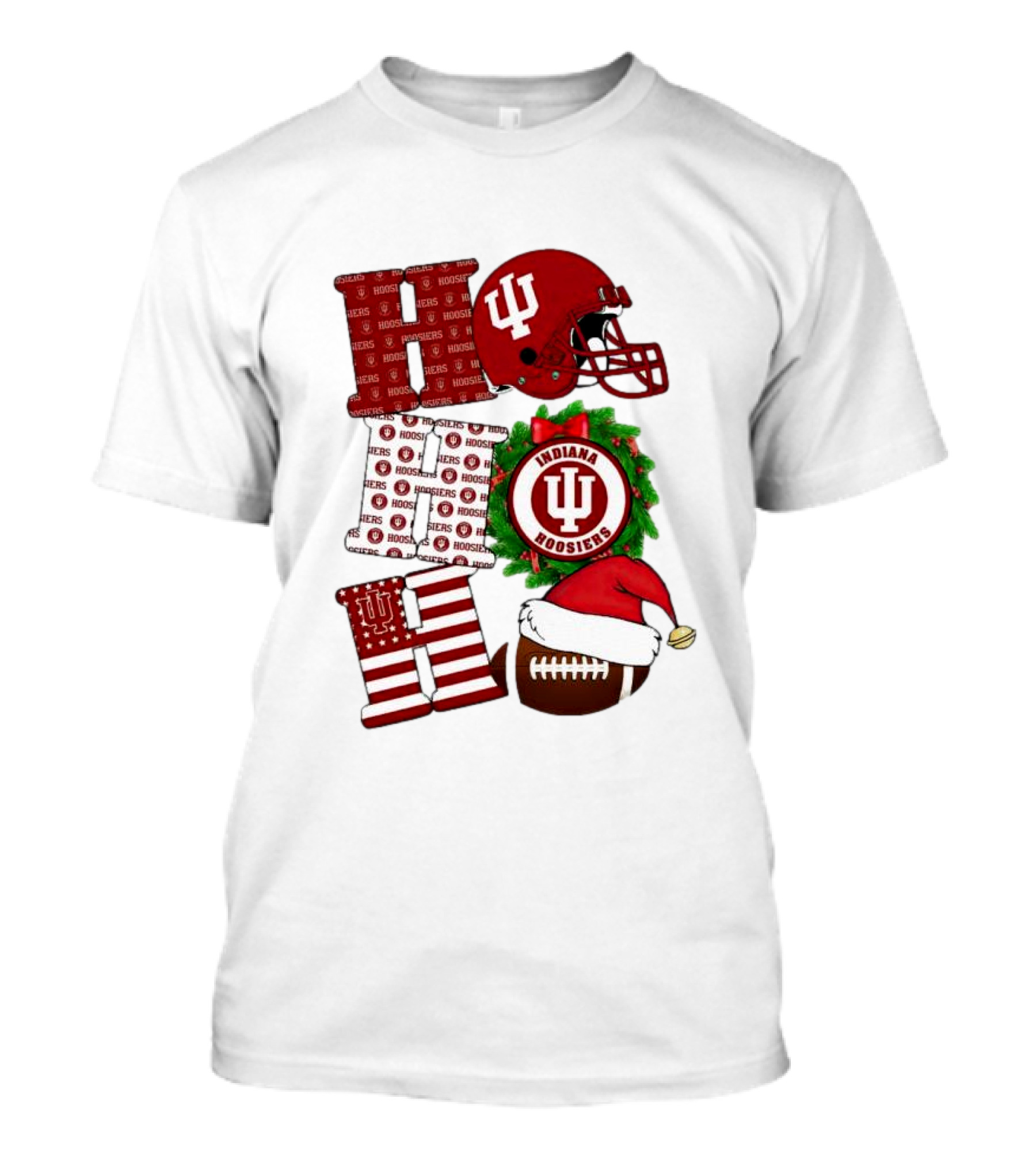 Indiana Hoosiers Christmas Ho Ho Ho Football Helmet Wreath Santa Hat T-Shirt