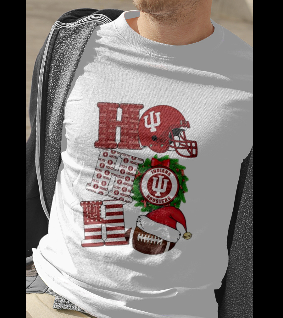 Indiana Hoosiers Christmas Ho Ho Ho Football Helmet Wreath Santa Hat T-Shirt