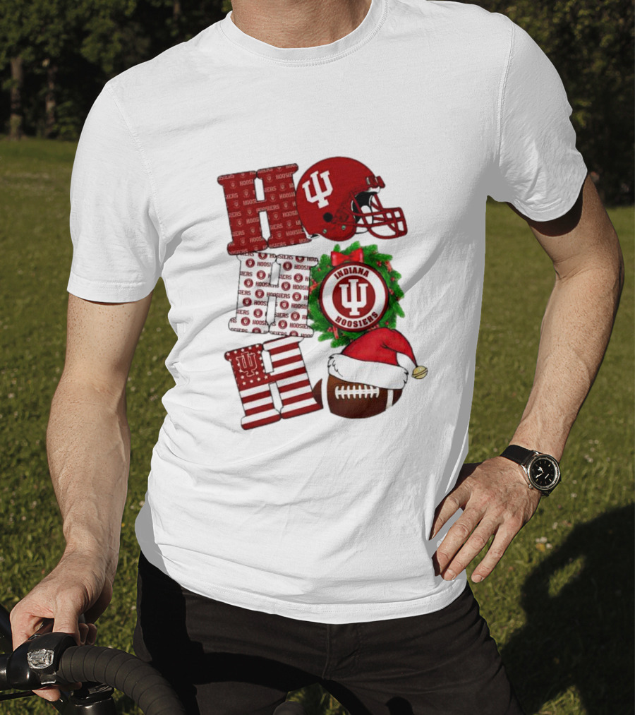 Indiana Hoosiers Christmas Ho Ho Ho Football Helmet Wreath Santa Hat T-Shirt