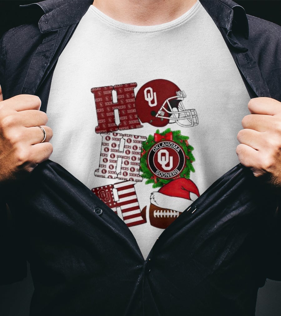Oklahoma Sooners OU Helmet Wreath Football Santa Ho Ho Ho Christmas T-Shirt