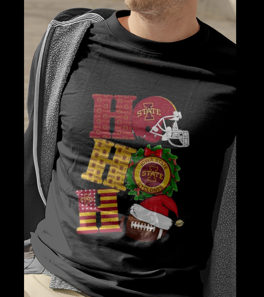 Iowa State Cyclones Christmas Football Helmet And Wreath Ho Ho Ho T-Shirt