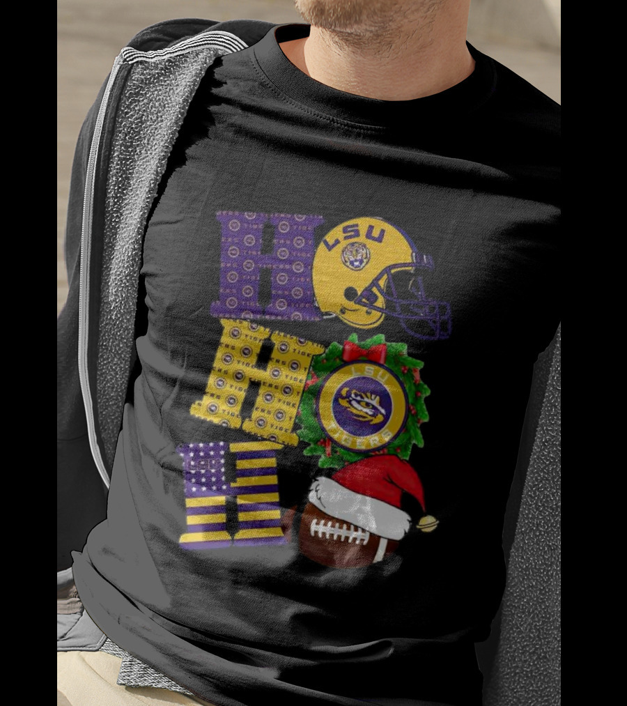LSU Tigers Christmas Helmet Wreath Football Ho Ho Ho T-Shirt