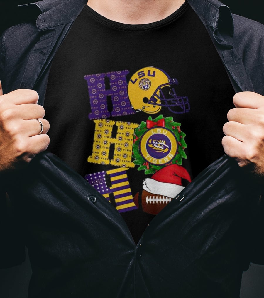 LSU Tigers Christmas Helmet Wreath Football Ho Ho Ho T-Shirt