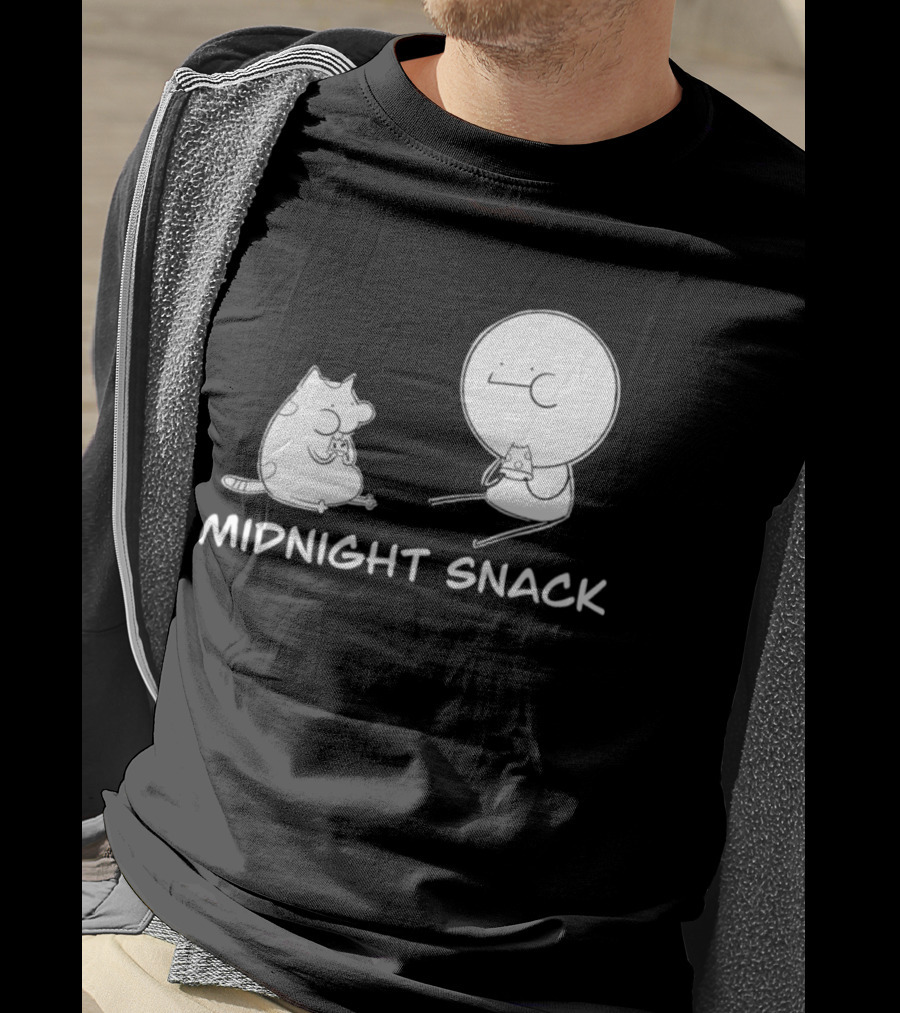 MIDNIGHT SNACK Cat And Stick Figure Eating Pizza T-Shirt