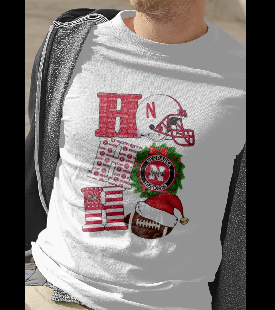 Nebraska Cornhuskers Ho Ho Ho Christmas Football Helmet Wreath Santa Hat Football T-Shirt