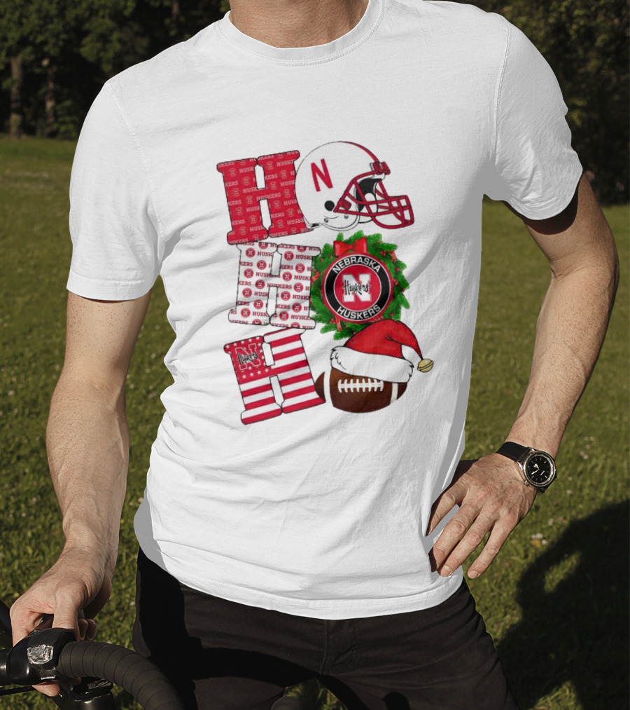 Nebraska Cornhuskers Ho Ho Ho Christmas Football Helmet Wreath Santa Hat Football T-Shirt