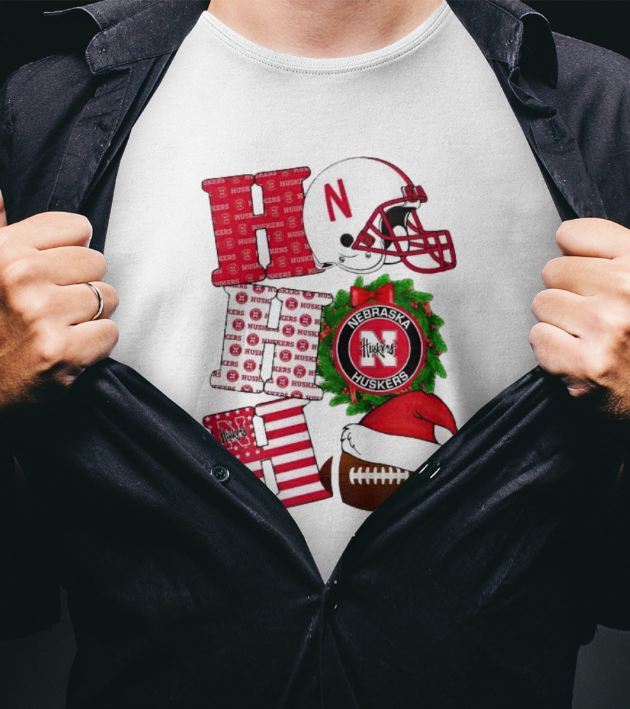 Nebraska Cornhuskers Ho Ho Ho Christmas Football Helmet Wreath Santa Hat Football T-Shirt