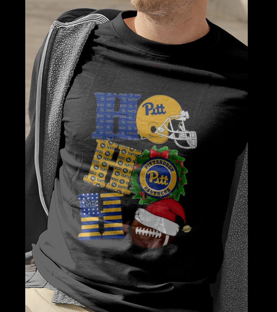 Pitt Panthers Christmas Helmet Wreath Football Ho Ho Ho T-Shirt