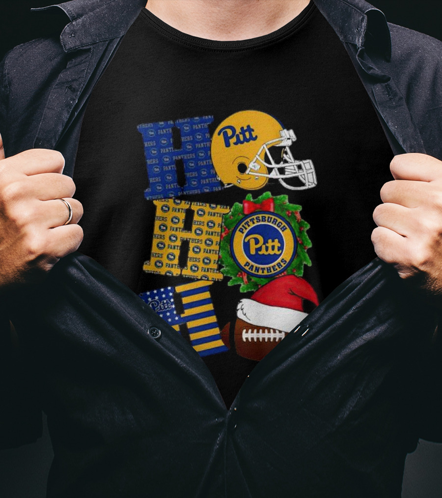 Pitt Panthers Christmas Helmet Wreath Football Ho Ho Ho T-Shirt