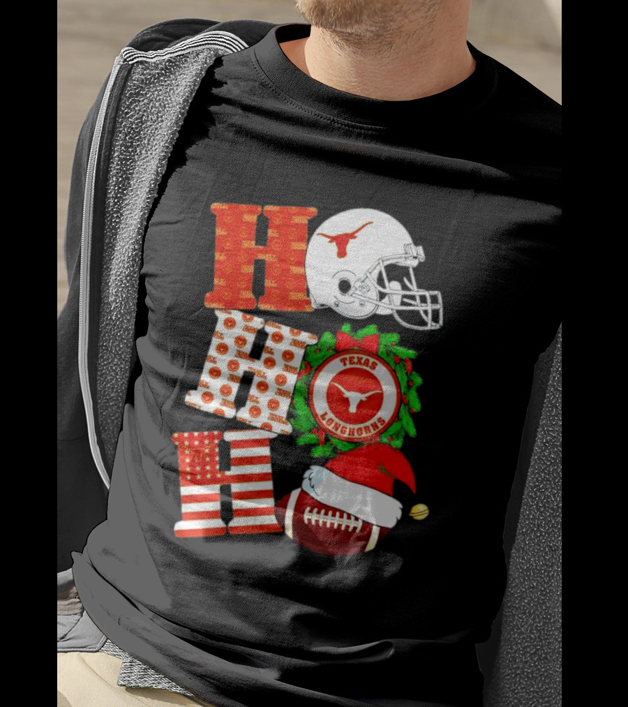 Texas Longhorns Ho Ho Ho Christmas Football Helmet Wreath Santa Hat T-Shirt
