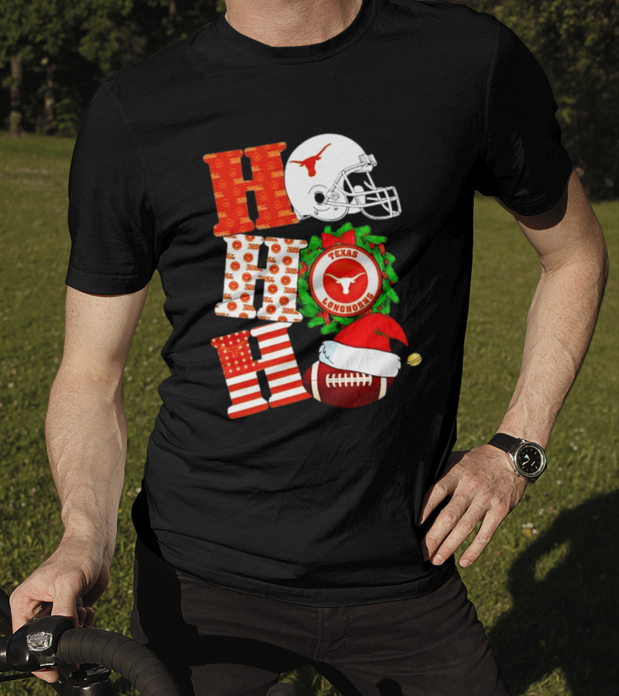 Texas Longhorns Ho Ho Ho Christmas Football Helmet Wreath Santa Hat T-Shirt