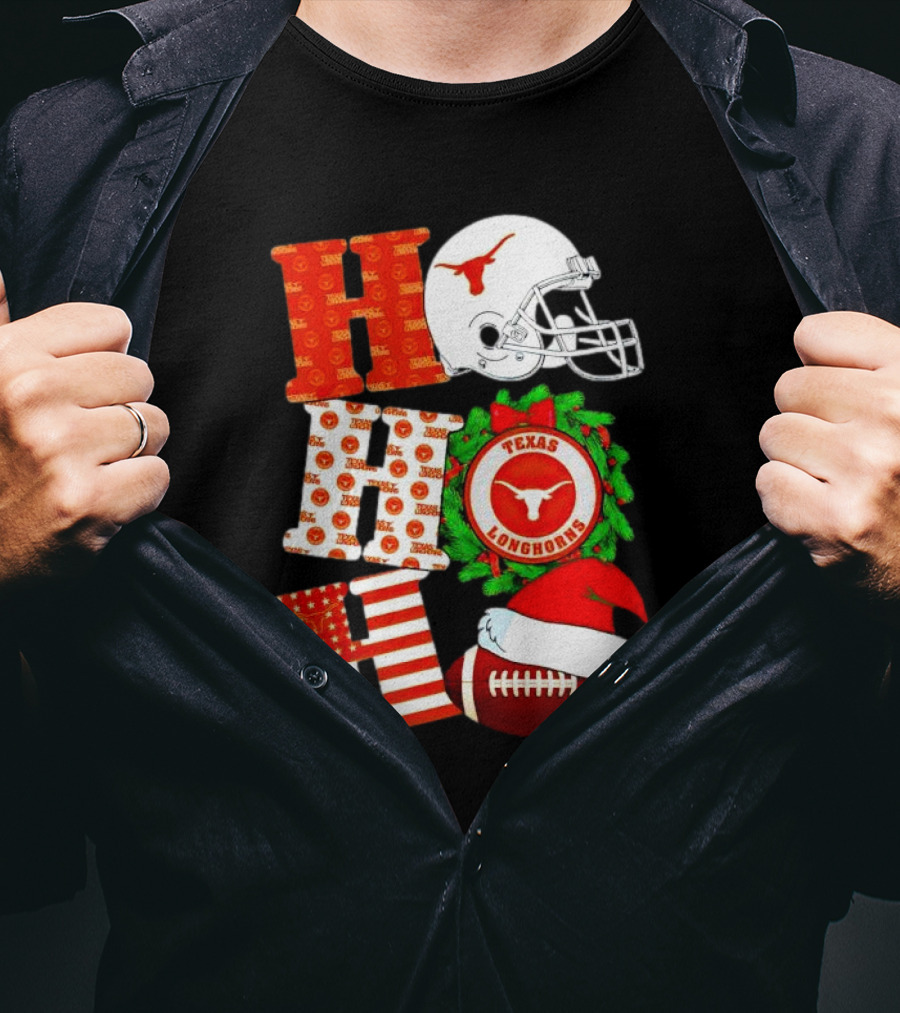 Texas Longhorns Ho Ho Ho Christmas Football Helmet Wreath Santa Hat T-Shirt