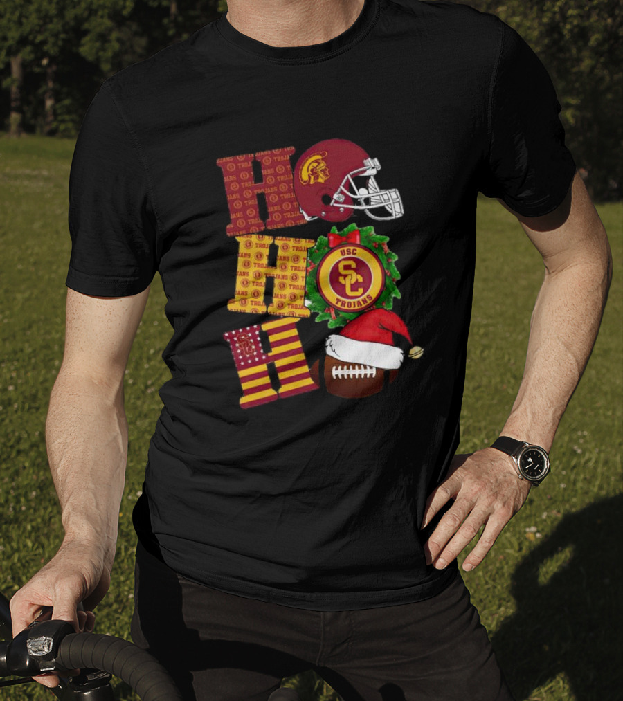 USC Trojans Ho Ho Ho Christmas Helmet Wreath Football Santa Hat T-Shirt