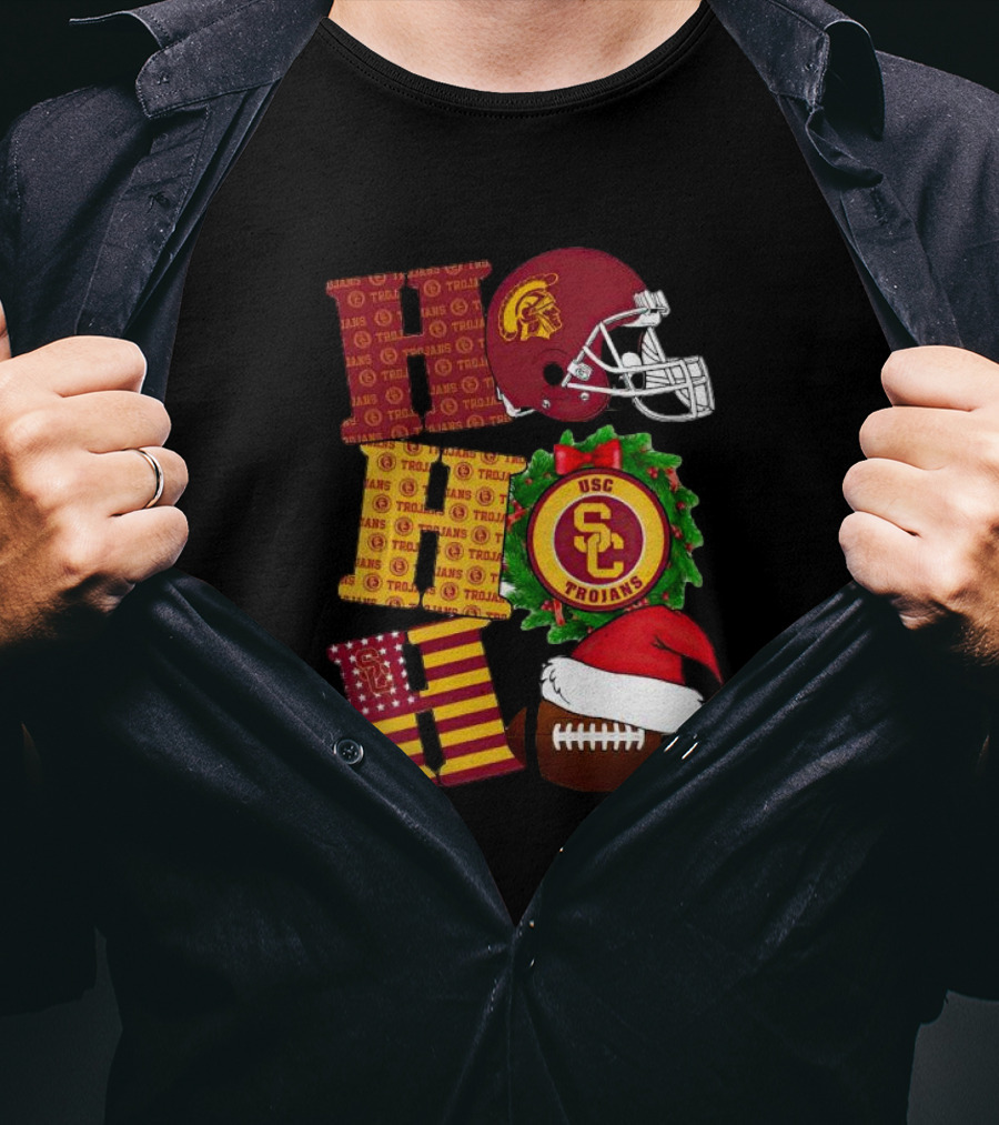 USC Trojans Ho Ho Ho Christmas Helmet Wreath Football Santa Hat T-Shirt