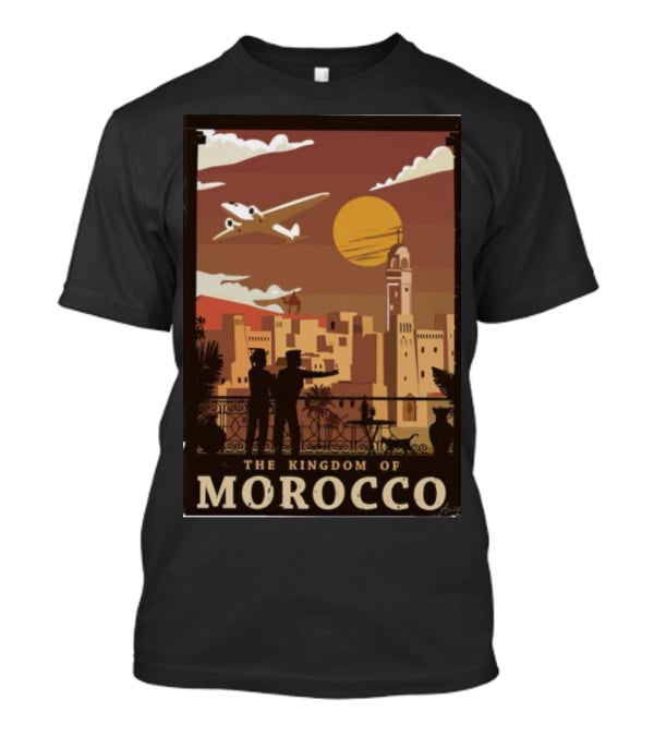 The Kingdom Of Morocco Skyline View With Airplane And Sunset Scene T-Shirt