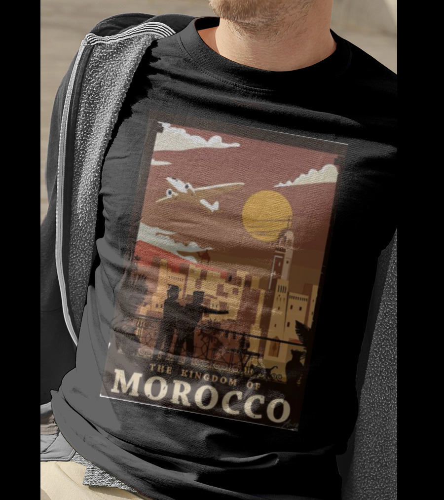 The Kingdom Of Morocco Skyline View With Airplane And Sunset Scene T-Shirt