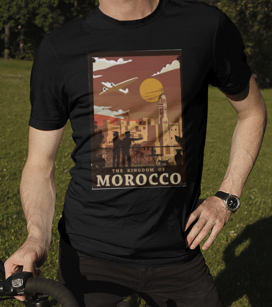 The Kingdom Of Morocco Skyline View With Airplane And Sunset Scene T-Shirt