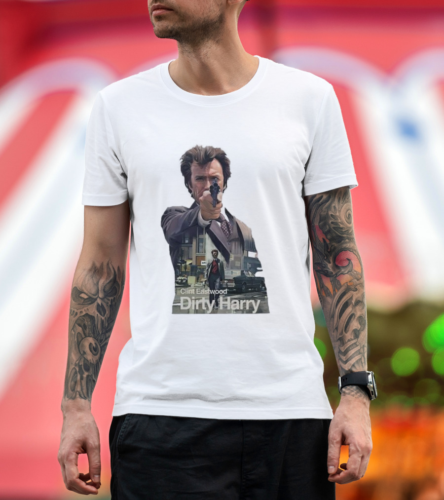 Clint Eastwood Dirty Harry Iconic Movie Scene with Gun and Urban Background T-Shirt