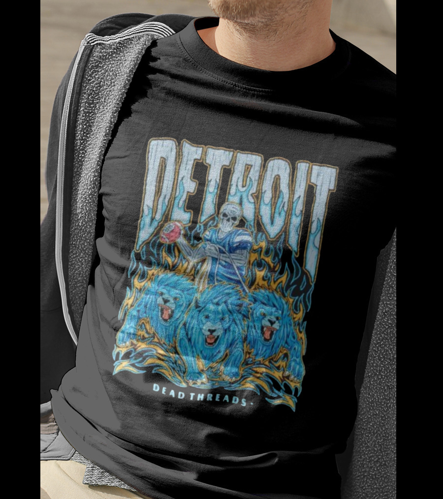 Detroit Dead Threads Football Skeleton And Blue Lions T-Shirt