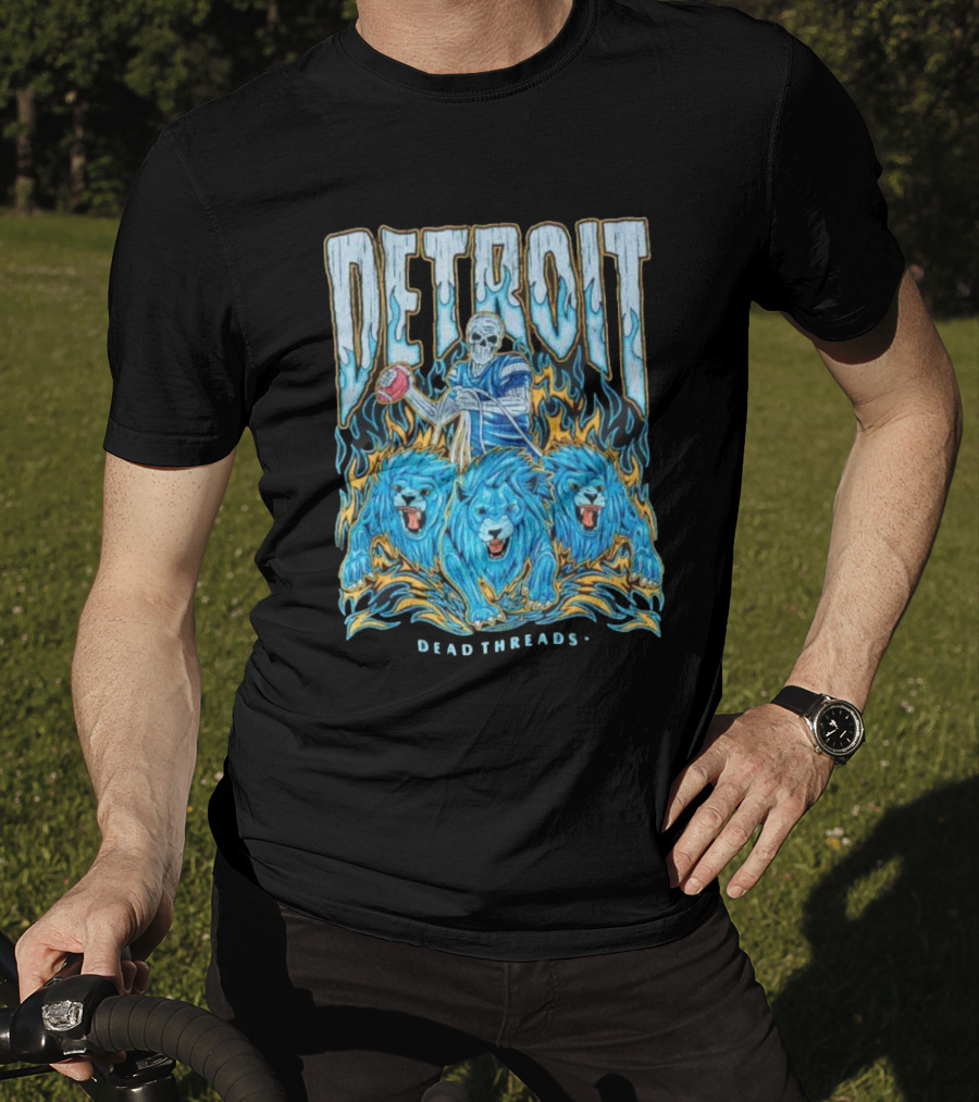 Detroit Dead Threads Football Skeleton And Blue Lions T-Shirt