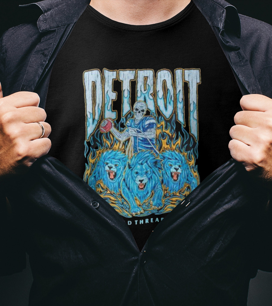 Detroit Dead Threads Football Skeleton And Blue Lions T-Shirt