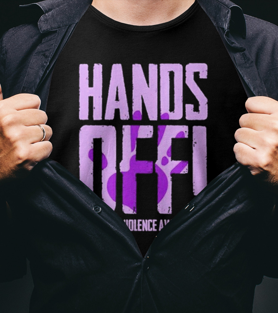 Hands Off Domestic Violence Awareness Purple Handprint T-Shirt