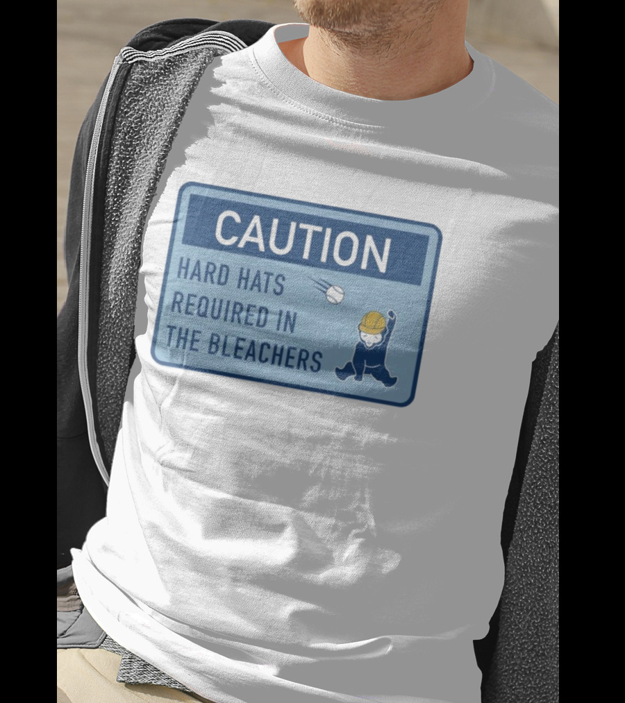 Caution: Hard Hats Required In The Bleachers With Cartoon Worker And Falling Object T-Shirt