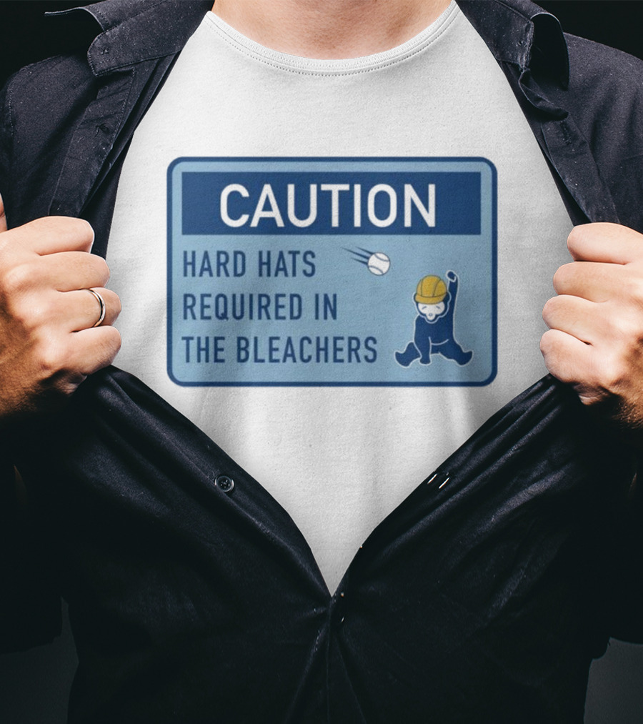 Caution: Hard Hats Required In The Bleachers With Cartoon Worker And Falling Object T-Shirt