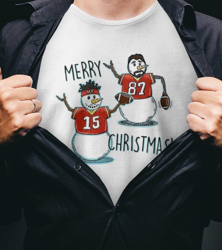 Merry Christmas Mahomes Snowman 15 And 87 Kansas City Football Chiefsmas T-Shirt