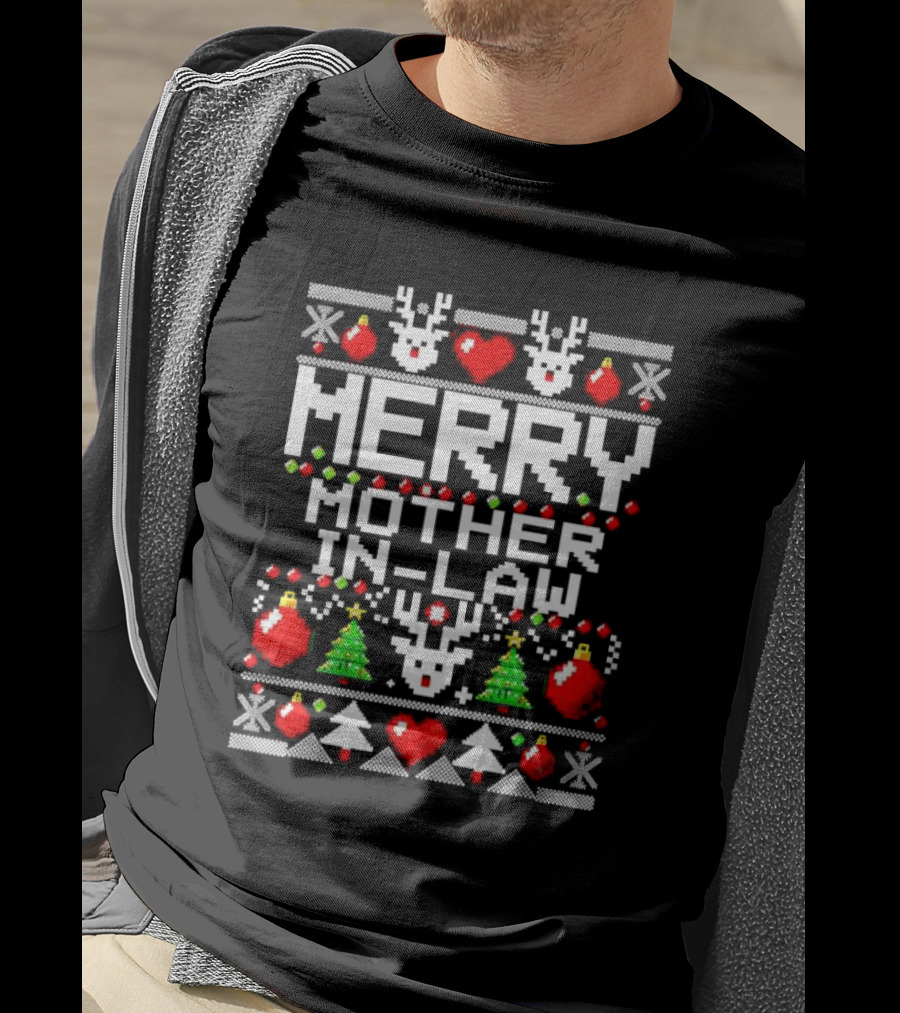 Merry Mother In-Law Christmas Sweater Reindeer Hearts Trees Ornaments T-Shirt