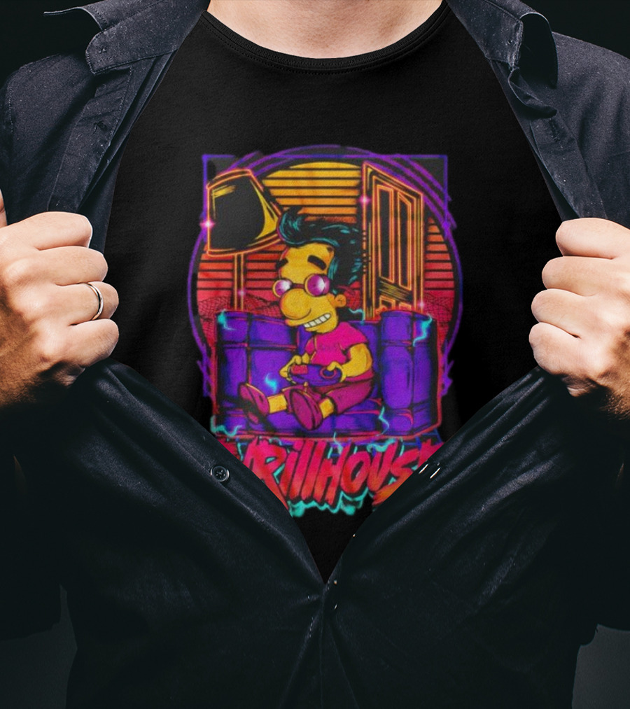 Milhouse Van Houten Thrillhouse Retro Gaming Neon Scene T-Shirt