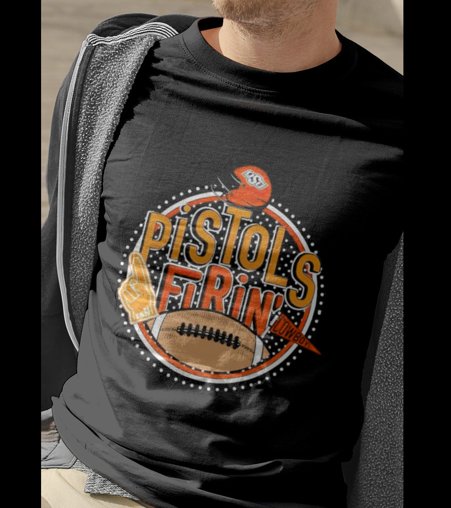 Pistols Firing OSU Cowboys Football Helmet And Foam Finger T-Shirt
