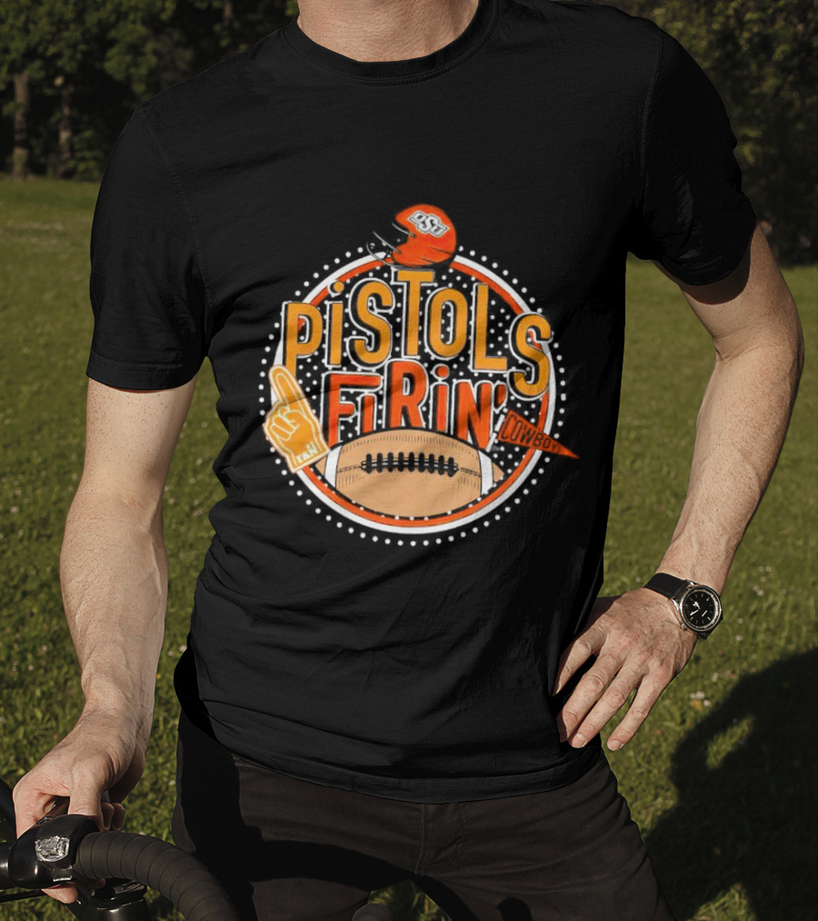 Pistols Firing OSU Cowboys Football Helmet And Foam Finger T-Shirt