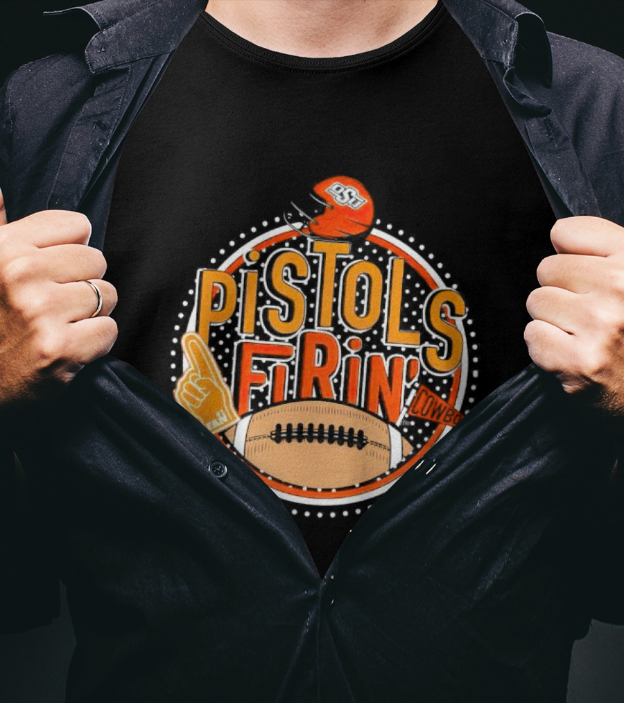 Pistols Firing OSU Cowboys Football Helmet And Foam Finger T-Shirt