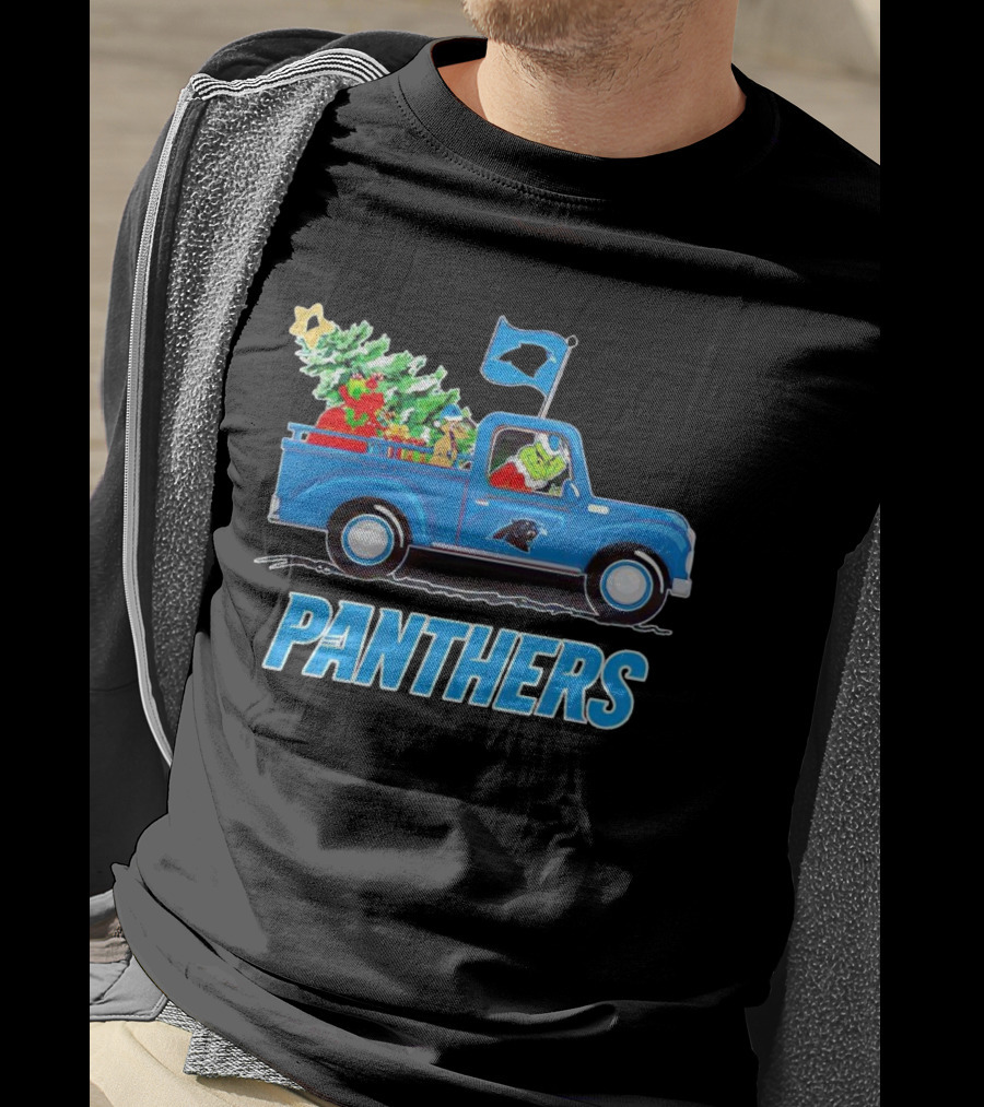 Grinch In Blue Christmas Truck With Carolina Panthers Logo And Tree T-Shirt