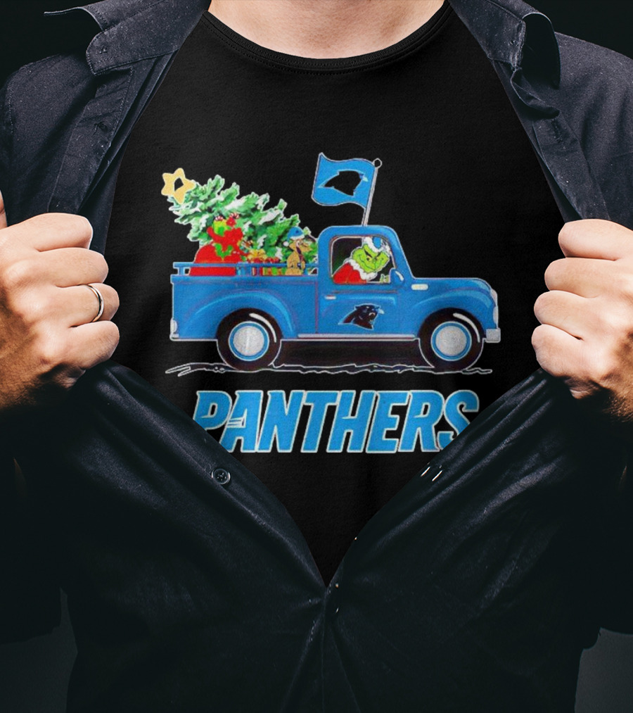 Grinch In Blue Christmas Truck With Carolina Panthers Logo And Tree T-Shirt