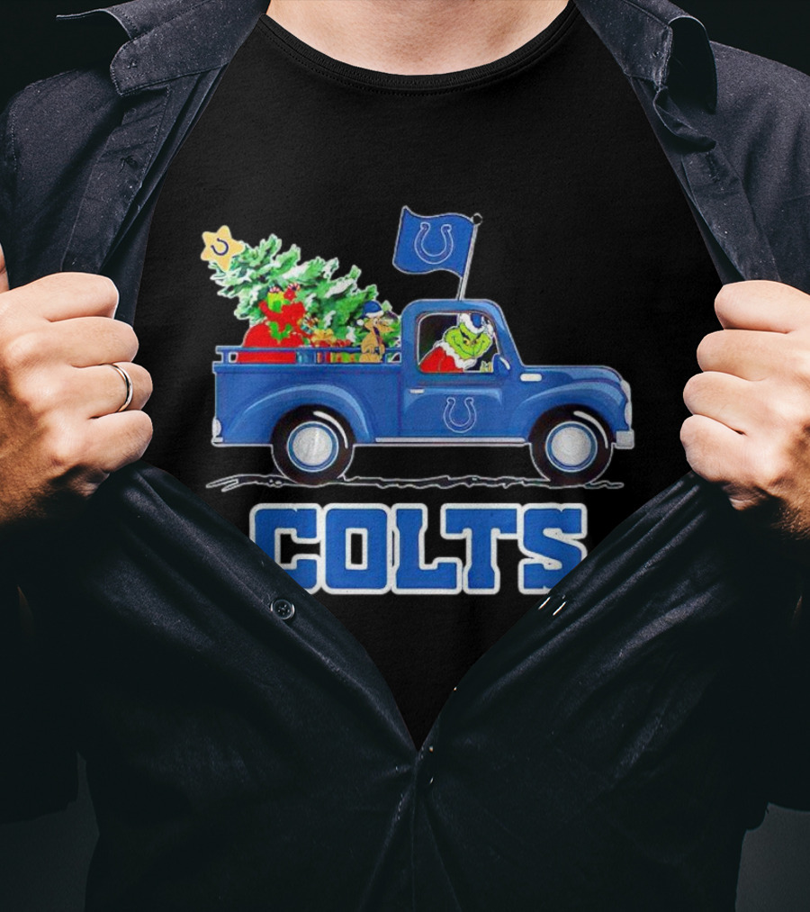 Grinch Driving Christmas Truck With Indianapolis Colts Logo And Tree T-Shirt