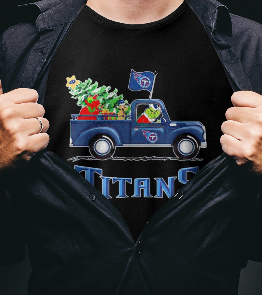 Grinch Driving Christmas Tree Truck Tennessee Titans Holiday Spirit T-Shirt