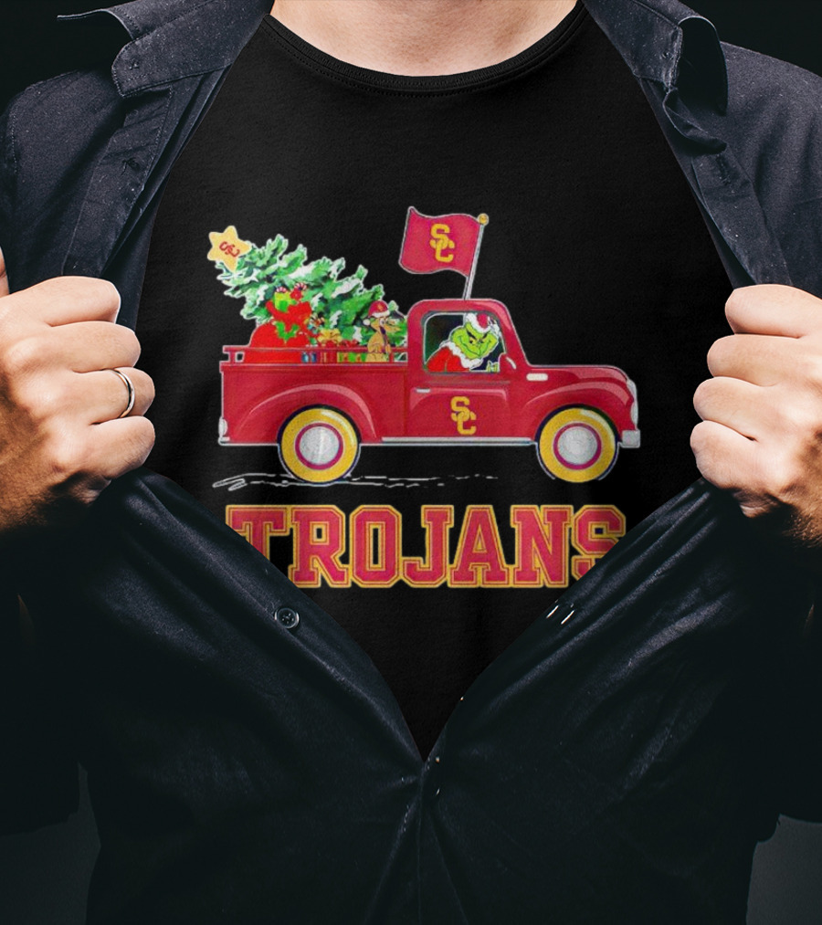 Grinch Driving Red Truck With Christmas Tree USC Trojans T-Shirt